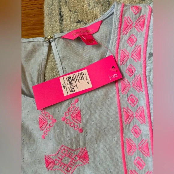 NWT Lilly Pulitzer Light Blue Raquelle Top with Pink Pom Trim - Picture 5 of 7